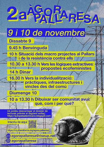 Benvolgudis, benvolgudes i benvolguts!

Ens plau compartir-vos el cartell de la segona edició de les jornades d'Àgora Pallaresa!
Dissabte 9N enfocades en les propostes ecofeministes davant l'espoli als territoris i els vincles del comú davant la individualització. Tenim ganes de pensar i reflexionar plegades!
Diumenge 10N volem teixir comunitat amb propostes concretes. 

Veureu que teniu informació sobre:

🕰 blocs que abordarem i amb els horaris

📝 el codi QR i l'enllaç per a que us inscrigueu. També us el deixem per aquí http://my.liberaforms.org/agora.pallaresa

📖 L'enllaç a la web on a finals de la setmana vinent podreu descarregar-vos el dossier amb les lectures prèvies que proposem.
http://autopistaelectricano.blogspot.com

📥 El nostre contacte per a qualsevol dubte que tingueu

Esperem les vostres inscripcions! 

@agorapallaresa (IG) agora.pallaresa@riseup.net