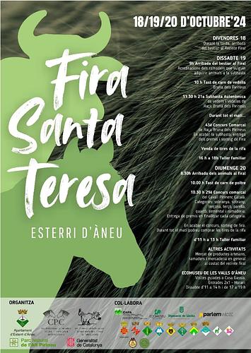 FIRA DE SANTA TERESA 2024

Fira ramadera de Santa Teresa 2024
La tradicional fira d'Esterri tindrà lloc aquest proper cap de setmana, els dies 19 i 20 d'octubre, amb el recinte firal com a centre neuràlgic.
En aquesta edició tindran lloc: -la 21a subhasta autonòmica de vedells i vedelles de raça Bruna dels Pirineus
-el 43è concurs comarcal de raça Bruna dels Pirineus
-el 29è concurs de raça Cavall Pirinenc Català.
Els visitants també podran gaudir de tasts de carn de vedella i de poltre, del mercat de productes artesans, ramaders i d'altres, així com participar en les rifes de la Fira.
Altres activitats que es duran a terme al voltant de la Fira seran un taller familiar de 16 a 18h el dissabte i d'11 a 13h el diumenge, així com també les visites guiades 2x1 a Casa Gassia.