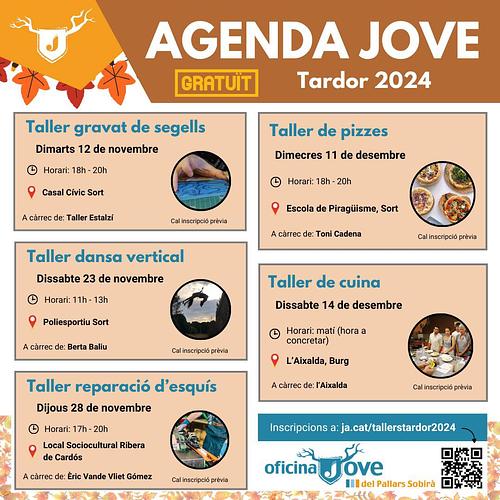 🍂 Ja tenim aquí el calendari dels TALLERS JOVES DE TARDOR 2024 de l'Oficina Jove del Pallars Sobirà:

🔖 Taller gravat de segells: Dimarts 12 de novembre (amb Taller Estalzí)
🤸 Taller dansa vertical: Dissabte 23 de novembre (amb Berta Baliu)
🎿 Taller reparació d'esquís: Dijous 28 de novembre (amb Èric Vande Vliet)
🍕 Taller de pizzes: Dimecres 11 de desembre (amb Toni Cadena)
🍳 Taller de cuina: Dissabte 14 de desembre (amb Aixalda de la Solana de Burg en col·laboració amb l'Ajuntament de Farrera)

Inscripció i + info a ➡️ https://ja.cat/tallerstardor2024
