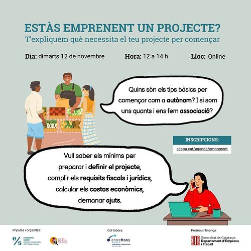 💡Ets jove i estàs emprenent un projecte? 

T'expliquem el més bàsic per iniciar una projecte com a autònoma o associació! 

✍️ Definició del projecte
⚖️ REquisits fiscals i jurídics
💸 Costos econòmics
💰 Ajuts 

📅 Dimarts, 12 de novembre 
⏰ 12 a 14 h
💻 Sessió online i gratuïta
 
Inscriu-t'hi 👉 https://forms.gle/thPv7jXJbWRH3XbQ8