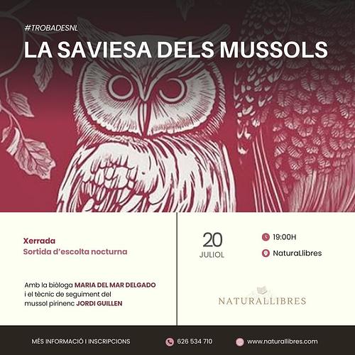 🦉*LA SAVIESA DELS MUSSOLS*
🌜 Xerrada + Sortida d’escolta de nocturnes
🌸 Amb la biòloga del CSIC María del Mar Delgado i el tècnic de seguiment del mussol pirinenc Jordi Guillen
🗓️ *Dissabte 20 de juliol a les 19:00h* a NaturaLlibres
📝 Més informació i *inscripcions*: https://naturallibres.com/event/trobades-nl-la-saviesa-dels-mussols-xerrada-sortida-descolta-nocturna/