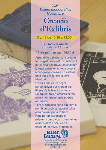 Ep! Segona edició del taller de Creació d'Exlibris a Taller Estalzí

Pensat per totes les persones lletraferidxs que volen crear artesanalment un segell propi per marcar la seva biblioteca. 

Lloc: Taller Estalzí al c/Doctor Roure, 14, Tremp
Data: dissabte 16 de novembre de 10.30 a 13.30 h
Preu: 40 € per persona

A casa t'emportaràs un segell exlibris i un petit gravat estampat amb aquest.
Si necessites més informació pots contactar-nos a través de hola@tallerestalzi.cat o trucant/enviant un missatge al 672 02 47 06.

Inscriu-te aquí
Instagram