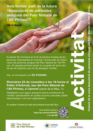 📢 *Divendres 22 de novembre* se celebrarà la *2a trobada per a la creació de la futura "Associació de persones amigues del Parc Natural de l'Alt Pirineu".*
📌 Ens trobarem a les 18 hores al Paller de l'Antonet, la seu del Parc Natural, a Llavorsí (carrer de la Riba, 1). 
📋 Seguirem treballant per concretar com ha de ser l'entitat, els seus objectius i com ens hem d'organitzar. 
✅ *T'esperem!* I recorda que cal inscripció prèvia a https://ja.cat/amicsPNAP2