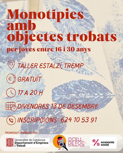 Nou taller! Monotípies amb objectes trobats. 
Descobreix la tècnica de la monotípia en aquest taller, on experimentaràs, exploraràs i crearàs sense pressió pel resultat final. No cal experiència prèvia: ens centrarem en gaudir del procés mentre fem estampes i patrons únics amb objectes i materials diversos.

📅 Quan? Divendres 13 de desembre
⏰ Horari? De 17 h a 20 h
📍 On? Taller Estalzí, Tremp
🎟 Activitat gratuïta per a joves de 16 a 30 anys

Reserva la teva plaça: 624 10 53 91

Organitzat per @ocelldefoc_altpirineuiaran i @tallerestalzi