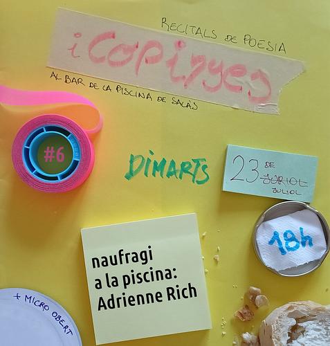 Demà passat: sisè recital de poesia a la piscina de Salàs!
Us portarem els versos de l'Adrienne Rich, més copinyes, l'oracle i, com sempre, micro obert 🥳
Ens veiem dimarts 23 a les 18h