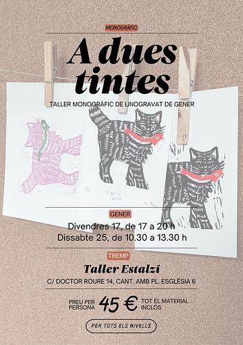 A partir de 12 anys

Aquest taller és obert a tots els nivells, perfecte per a qui vol iniciar-se en el món del linogravat i explorar més enllà del monocrom.

Mitjançant la tècnica del trencaclosques, aprendrem a estampar amb dues tintes alhora de manera senzilla, un primer pas ideal per guanyar confiança i avançar cap a tècniques més complexes.

Coneixeràs les eines essencials per començar a explorar el linogravat i t’emportaràs a casa tant la matriu que hagis creat (el linòleum gravat) com l’obra sobre paper que estampis.

Duració: 3 hores
Màxim de participants: 5 places
Preu: 45 € (tot el material inclòs)
Lloc: Taller Estalzí, C/Doctor Roure 14, cantonada Pl/Església 6, Tremp
Vols fer un regal especial?
Pots adquirir un val regal per aquest taller. Abans d’inscriure’t, posa’t en contacte amb mi:

Per a més informació o dubtes, no dubtis a contactar-me!
Missatge directe a Instagram
WhatsApp o trucada al 672 02 47 06
Correu electrònic a hola@tallerestalzi.cat
https://www.instagram.com/p/DEsHzTEN6Bn/