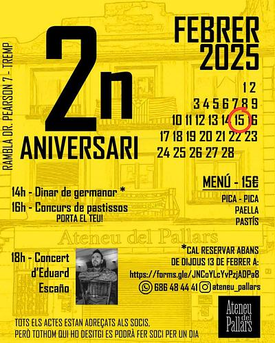 📣 El dissabte 1️⃣5️⃣ de febrer celebrem el segon aniversari de la compra de la Lira Vella 🥳
* A les 1️⃣4️⃣h dinar d’aniversari amb pica-pica, paella i un pastís que pots fer tu mateix 🎂 Esmerça-t’hi una mica perquè participaràs en un concurs de pastissos!
* A les 1️⃣8️⃣h concert amb @eduescano.music 
🗺️ A la seu de l’Ateneu del Pallars (Rambla Dr. Pearson núm. 7 de Tremp). Per al dinar, cal fer una reserva abans del dijous 13 de febrer. Us podeu inscriure a través d’aquest formulari (https://forms.gle/JNCoYLcYvPzjADPa8), escrivint a l’Instagram de l’@Ateneu_Pallars o bé contactant al telèfon 686 484 441. Els actes estan adreçats a socis, però et pots fer soci/a per un dia 😉