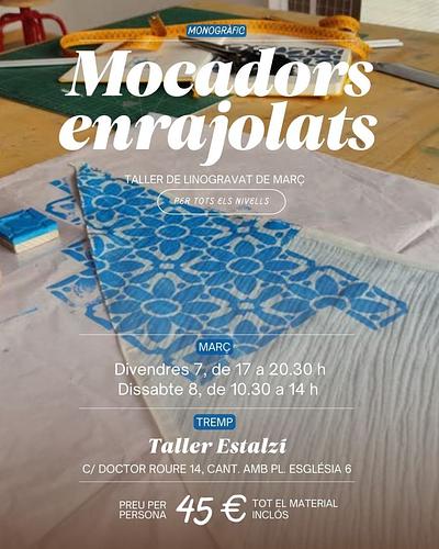 Taller de Linogravat 
"Mocadors Enrajolats"

Si t’agrada l’art i vols aprendre una tècnica diferent, et convidem al nostre taller de linogravat, on podràs estampar el teu propi mocador inspirat en les rajoles hidràuliques. Aquest taller és apte per a tots els nivells, així que no cal experiència prèvia!

📅 Dates i horaris:
Divendres 7 de març: 17:00 - 20:30 h
Dissabte 8 de març: 10:30 - 14:00 h

📍 Lloc: Taller Estalzí, Tremp (C/ Doctor Roure 14, cantonada amb Pl. Església 6)

💰 Preu: 45 € per persona (amb tot el material inclòs).

📌 Vine a explorar la tècnica del linogravat i emporta’t un segell i un mocador únic fet per tu!

✍🏼 Inscripcions aquí:  Formulari d'inscripció

T’hi esperem!✨