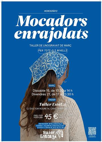 Taller de gravat i estampació
"Mocadors Enrajolats"

Si t’agrada l’art i vols aprendre una tècnica diferent, et convidem al nostre taller de linogravat, on podràs estampar el teu propi mocador inspirat en les rajoles hidràuliques. Aquest taller és apte per a tots els nivells, així que no cal experiència prèvia!

📅 Dates i horaris:
Dissabte 15 de març: 10:30 - 14:00 h
Divendres 21 de març: 17:00 - 20:30 h

📍 Lloc: Taller Estalzí, Tremp (C/ Doctor Roure 14, cantonada amb Pl. Església 6)

💰 Preu: 45 € per persona (amb tot el material inclòs).

📌 Vine a explorar la tècnica del linogravat i emporta’t un segell i un mocador únic fet per tu!

✍🏼 Inscripcions aquí:  Formulari d'inscripció
T’hi espero!✨
