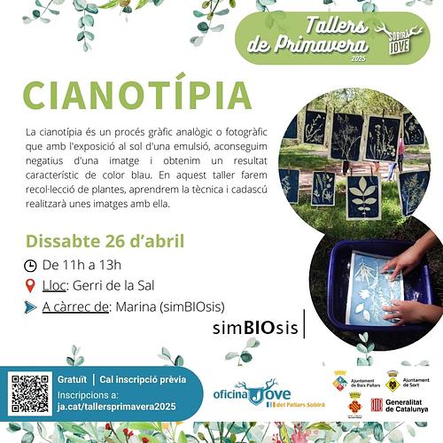 🔵🌿 TALLER DE CIANOTÍPIA

🗓 Dissabte 26 d'abril
🕛 11h - 13h
📍 Gerri de la Sal

Amb: Marina (simBIOsis)

La cianotípia és un procés gràfic analògic o fotogràfic que amb l'exposició al sol d'una emulsió, aconseguim negatius d'una imatge i obtenim un resultat característic de color blau. En aquest taller farem recol·lecció de plantes, aprendrem la tècnica i cadascú realitzarà unes imatges amb ella.

📝 Inscripció a: https://ja.cat/tallersprimavera2025