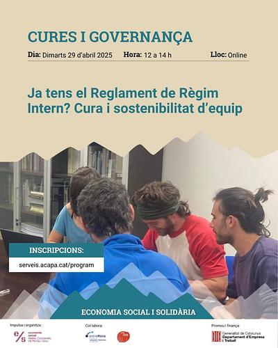 🟣 Ja tens el Reglament de Règim Intern?
L'RRI és una eina per la cura i sostenibilitat de l'equip en projectes cooperatius, parlarem de com crear-lo amb Entremons i Coodpera

📅Dimarts 29 d'abril
⏰12 a 14 h
💻Sessió online i gratuïta

Inscriu-te per rebre el link: https://serveis.acapa.cat/program/cures-i-governanca