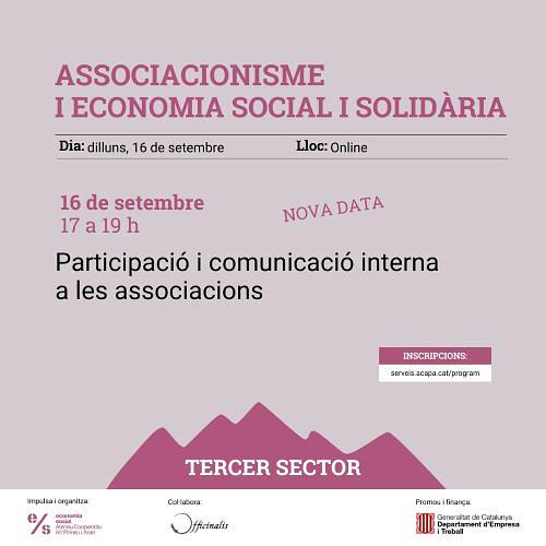 👥Formes part d'una associació i voleu fer-la més participativa? 📣Us agradaria millorar la comunicació amb les vostres sòcies? 
📝Vine a la sessió "Participació i comunicació interna a les associacions" per començar el curs amb noves idees 

📅 16 de setembre
⏰ 17 a 19 h
🖥 Online 

👉 Inscripcions gratuïtes: https://serveis.acapa.cat/program/formacio-associacionisme-i-ess
