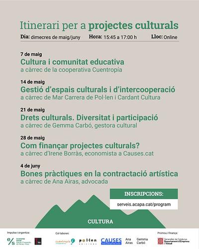 📚📽🎸Tens un projecte cultural? Apunta't a les formacions de l'itinerari cultural de l'Ateneu Cooperatiu:

07/05 Cultura i comunitat educativa
14/05 Gestió d'espais culturals i d'intercooperació 
21/05 Drets culturals. Diversitat i participació 
28/05 Com finançar projectes culturals
04/06 Bones pràctiques en la contractació artística

⏰ 15:45 a 17 h
💻 Sessions online i gratuïtes

Inscriu-te: https://serveis.acapa.cat/program/itinerari-per-a-projectes-culturals