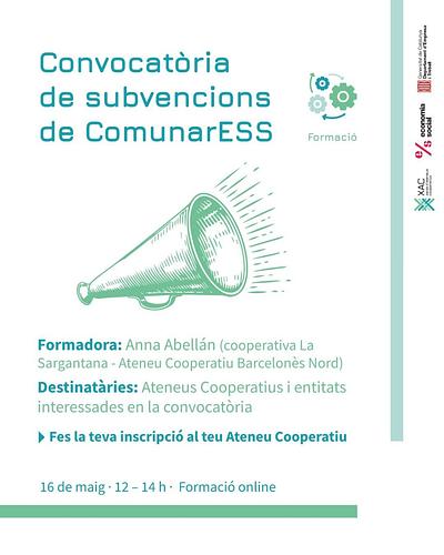 📣Tens un projecte comunitari i busques finançament? Apunta't a la sessió sobre les subvencions ComunarESS! 💸

🗓 Divendres, 16 de maig 
⏰ 12 a 14 h
💻 Sessió online i gratuïta

Inscriu-te 👉 https://serveis.acapa.cat/program/formacions-xarxa-dateneus-cooperatius