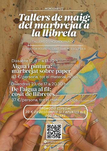 🎨✂️ Tallers de maig: del marbrejat a la llibreta ✂️🎨

Aquest maig organitzem dos tallers d’enquadernació artesanal a Tremp per descobrir l’art del marbrejat i crear les teves pròpies llibretes:

🌀 Aigua i pintura: marbrejat sobre paper
📅 Dissabte 17, d’11 a 13.30 h
💸 43 € (material inclòs)

📖 De l’aigua al fil: cosit de llibretes
📅 Divendres 23, de 17 a 20.30 h
💸 37 € (material inclòs)

✨ PROMOCIÓ ESPECIAL: 20 € de descompte si t’apuntes als dos tallers!

Més info i inscripcions 👉 @tallerestalzi o escriu-nos a hola@tallerestalzi.cat / 672 02 47 06.

Apunta’t aquí i crea peces úniques amb les teves pròpies mans! 💥