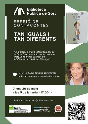 👦🏾 Aquest dijous, a les 5 de la tarda, una sessió de contacontes molt especial: "Tan iguals i tan diferents" és la història del Saidou, que va arribar al nostre país des del Senegal, amb les nostres mateixes pors i esperances 

👉🏾 L'autora Asun Iglesias Castellarnau ens explicarà aquest conte basat en fets reals, que té per objectiu transportar-nos a l'allau d'emocions que viuen tots els nouvinguts, infants i adolescents, quan arriben al nostre país amb l'objectiu de conscienciar i sensibilitzar d'aquesta realitat els nens i nenes i donar visibilitat a la diversitat racial, cultural i lingüística.

ℹ️ Activitat gratuïta adreçada a nens i nenes de 8-12 anys, més informació a la nostra pàgina web https://bibliosort.cat/esdeveniments/contacontes-tan-iguals-tan-diferents/