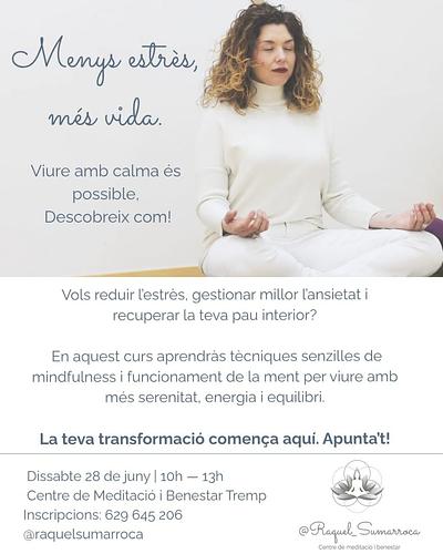 🌿Fer pausa. Tornar a respirar. MINDFULNESS 🌿
Vivim sovint atrapats en pensaments, preocupacions i automatismes... però la ment no hauria de governar-nos: podem aprendre a observar-la, calmar-la i posar-la al nostre servei.

dissabte 28 de juny, et convido a un taller de mindfulness a Tremp, al Centre de meditació i benestar 
de 10 a 13h, on ens regalarem espai per respirar, sentir i tornar al present.

Un matí per cuidar-te, per escoltar-te i per començar a conèixer la teva ment des d’un lloc amorós i conscient.

Inscripcions:
Raquel Sumarroca 
629 64 52 06

Et mereixes una pausa 💫