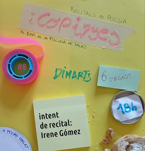 Gràcies de tot cor a les ríals que vàreu venir dimarts passat.
Nosaltres vàrem descobrir que recitar Irenes mos agrada especialment, així que la setmana que ve hi tornam... però atenció!, que aquesta vos la duïm en persona:
Irene Gómez, culpable de l'existència de la peça de poesia visual i uatdafocal més impactant del segle XXIII, Intent de Poemari (Premi Amadeu Oller 2021, més que merescut), ve a visitar-mos des de Sant Vicenç dels Horts (baixllo hools!!) per oferir-mos un recital que poc s'assemblarà a res que hàgiu pogut veure fins ara.
Això sí, però, que no vos faci empegueir-vos, que el micro obert demana carn.
Fins dimarts! 18h, bar de la piscina de Salàs, ja ho sabeu.