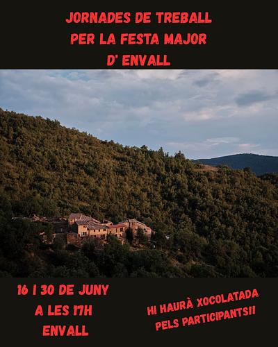 Bona vesprada!
No tens plan dilluns 16?
El gimnàs esta molt car? 
Vols ajudar a tornar a fer la festa major d'envall?  
Tenim la solució, vine a les jornades de treball per rehabilitar l'espai! 
Salut i puta espanya!