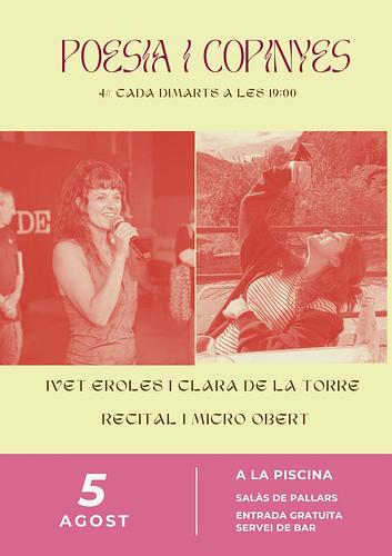 Dimarts que ve!!!
Connexió Sobirà-Pucela amb les autores de Cugula (Fonoll, 2025) i Libro de las Albas (Talón de Aquiles, 2025)
Com sempre, al bar de la piscina de Salàs a les 19h, i, també com sempre, seguit de micro obert, Oracle i algun acudit lamentable. Ens hi veiem!
PS: la primera persona que encerti on està feta la foto de la Clara s'endú una beguda gràtix