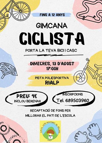 🚴‍♀️Gimcana Ciclista Infantil Solidària🚴‍♂️
Avui, dimecres 13 d’agost a les 17h us esperem a la pista poliesportiva de Rialp per participar a una gimcana ciclista per a infants de fins a 12 anys🎉
🎯 És una activitat per recaptar fons per millorar el pati de l’escola Montsent de Pallars de Rialp. 
🔔 Important:
✔️ Cal portar bici i casc
💰 Preu: 4€ (inclou berenar!)
Una tarda d’esport, diversió i solidaritat! 💛
Us hi esperem! 🙌