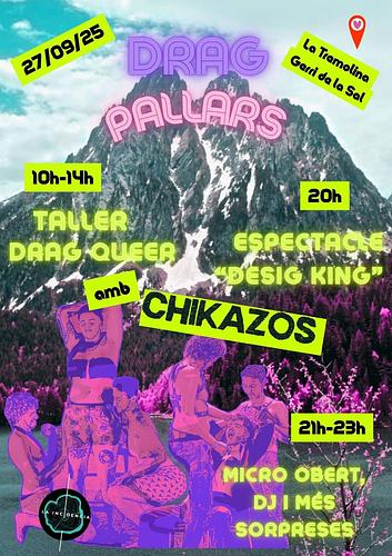 Bon dia a totis!
Des de la nova associació La Incidència vam preparar una jornada de presentació al Pallars, el 27 de setembre, en col·laboració amb la Tremolina i el col·lectiu de Drag Kings Chikazos! Farem un taller al matí de 10h a 14h amb pausa, serà dut a terme pels Chikazos! 

Després farem un dinar popular entre nosaltres i al vespre a partir de les 20h, actuaren ellis en un show espectacular de Drag Kings! 

Tindrem també micro obert per qui vulgui, (preferible: amb temàtica sobre gènere, cossos, sexualitat)... I més sorpreses!

Pel taller necessitem que us apunteu perquè està limitat a 15 places. La mixticitat del taller està pensat per dones i persones dissidents, LGBTIAQ+. Formulari: https://docs.google.com/forms/d/e/1FAIpQLSeekI5PgZTAJ1ljzYFWZyw4rxBwYI8kccLSt1c-MF7QVmnraQ/viewform

L'espectacle és accessible a totis, inclosos homes cis heteros. (Contingut a connotació sexual).