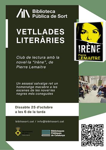 📖 Nova Vetllada Literària! El club de lectura de la Biblioteca Pública de Sort es troba el dissabte 25 d'octubre amb "Irène", de Pierre Lemaitre, una novel·la negra homenatge als clàssics del gènere 🕵️‍♂️

👉🏻 Ja teniu disponible el vostre exemplar! +info https://bibliosort.cat/esdeveniments/vetllades-literaries-irene/