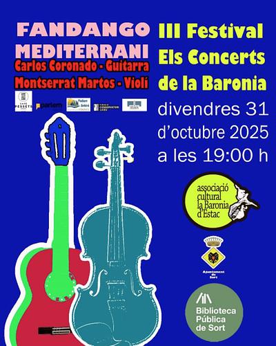 🎶 Un concert bellíssim on el flamenc 💃🏻 es barreja amb el jazz 🎷

💫 Us convidem a "Fandango mediterrani", amb Carlos Coronado a la guitarra 🎸 i Montserrat Martos al violí 🎻 aquest divendres 31 d'octubre a les 7 de la tarda (19h) a la sala d'actes de la Biblioteca, entrada lliure i gratuïta!

ℹ️ més informació https://bibliosort.cat/esdeveniments/concert-fandango-mediterrani/