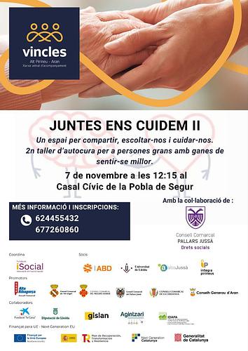 A Vincles, la xarxa veïnal d'acompanyament de l'Alt Pirineu i Aran, oferim un taller d'autocures per a persones grans amb ganes de sentir-se millor. 

🗓️ 7 de novembre
🕐 12:15h
📍 Casal Cívic de la Pobla de Segur 

Informació i inscripcions:
624455432
677260860 

Juntes ens cuidem!