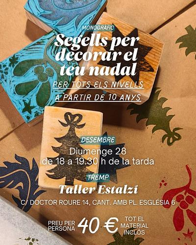 Taller de segells nadalencs 🎄
🧒 A partir de 10 anys

Descobreix com crear els teus propis segells amb gúbies! Farem com a mínim 2 segells muntats en fusta i aprendrem a entintar i estampar sobre paper, bosses o postals. Activitat creativa i relaxada per iniciar-se en el gravat.

🗓 Diumenge 28 de desembre
🕕 18.00–19.30 h (1 h 30 min)
💶 40 € (material inclòs)
👥 Màx. 10 places
📍 Taller Estalzí, C/ Doctor Roure 14, Tremp
💰 Pagament en efectiu o Bizum després del taller

🎁 Vols fer un regal especial?
Demana un val regal!

Inscripció

📩 IG DM | 📱 WhatsApp 672 02 47 06 | ✉️ hola@tallerestalzi.cat