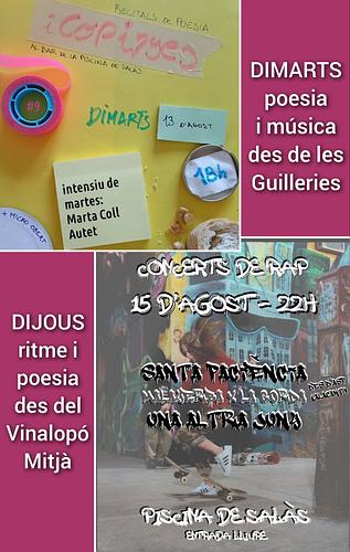Aquesta setmana la festa és doble!
Dimarts tindrem l'honor de presentar-vos na Marta Coll, vinguda de molt lluny expressament per parlar-mos de bosc, terra, arrels i nuesa en forma de vers entre cordes. Oracle, micro obert... què més voleu?
Doncs voleu el concert de dijous! Vingudes d'encara més lluny, Malayerba i La Gorda exhibiran la seua Santa Paciència perquè flipeu una estona amb versos a bon ritme. I sí, vénen per primera volta d'Alacant al Pallars, així que, com deia Ovidi Montllor, "this opportunity comes once in a lifetime"