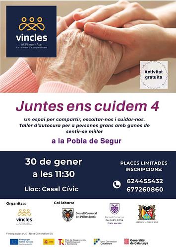 A Vincles, la xarxa veïnal d'acompanyament de l'Alt Pirineu i Aran, oferim un taller d'autocures per a persones grans amb ganes de sentir-se millor. 

🗓️ 30 de gener
🕐 11:30h
📍 Casal Cívic de la Pobla de Segur 

Informació i inscripcions:
624455432
677260860 

Juntes ens cuidem!