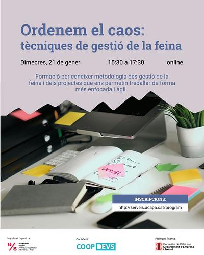 🚀Comencem l'any amb una formació per millorar la gestió de la feina i dels projectes! 

Ordenem el caos: tècniques de gestió de la feina
✔️ L'urgent i l'important
✔️ Rutines diàries 
✔️ Focus i estats de fluïdesa 
✔️Agile
✔️ Eines digitals que donen suport als projectes 
✔️ Exercici pràctic: Treballem en un projecte juntes.

📅 Dimecres, 21 de gener 
⏰ 15:30 a 17:30 
💻 Sessió online i gratuïta 

👉 Inscriu-te: https://serveis.acapa.cat/program/ordenem-el-caos-tecniques-de-gestio-de-la-feina
