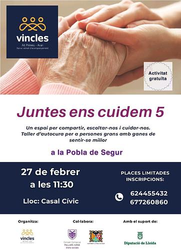 A Vincles, la xarxa veïnal d'acompanyament de l'Alt Pirineu i Aran, oferim tallers d'autocures per a persones grans amb ganes de sentir-se millor. 

🗓️ 27 febrer
🕐 11:30h
📍 Casal Cívic de la Pobla de Segur 

Informació i inscripcions:
624455432
677260860 

☝🏻💜
El projecte Vincles és impulsat en col·laboració amb la Fundació iSocial i el Consell Comarcal del Pallars Jussà.

Compta amb el suport de la Diputació de Lleida i l'Ajuntament de La Pobla de Segur.