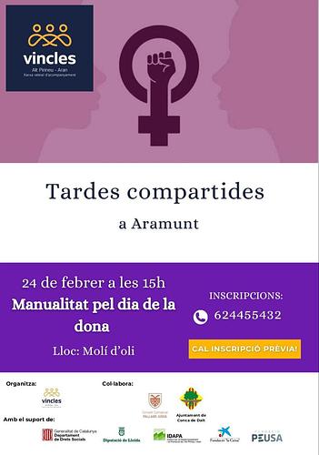 Des de Vincles Alt Pirineu i Aran, organitzem una manualitat *en motiu del dia de la dona*. ☺️💜

🗓️ 24 febrer.
🕐 15:00 h.
📍 Molí d'oli d'Aramunt

*Inscripcions*: 624455432
Activitat gratuïta!

☝🏻El *projecte Vincles* és impulsat en col·laboració amb la Fundació iSocial i el Consell Comarcal del Pallars Jussà.

Compta amb el suport de la Diputació de Lleida, la Fundació La Caixa, la Fundació Peusa i l'Ajuntament de la Conca de Dalt.