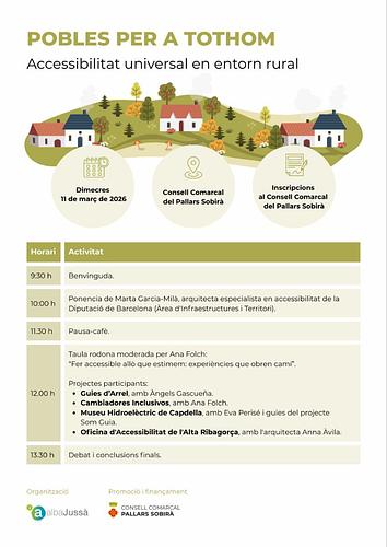 POBLES PER A TOTHOM
Accessibilitat universal en entorn rural

* Ponencia de Marta Garcia-Milà, arquitecta especialista en accessibilitat de la Diputació de Barcelona.
* Taula rodona moderada per Ana Folch: “Fer accessible allò que estimem: experiències que obren camí”.

🗓️ Dimecres 11 de març de 2026
🕐 9:30 h - 14:00 h
📍 Consell Comarcal del Pallars Sobirà

Inscripcions al Consell Comarcal del Pallars Sobirà.
https://airtable.com/apphisEXv4JXusF91/pagl0ESUTXdcwlyvJ/form 

Organització: Alba Jussà
Promoció i finançament: Consell Comarcal del Pallars Sobirà.