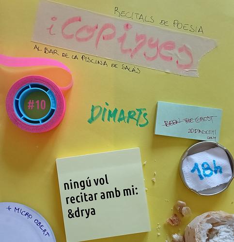 famili! aquest dimarts, com cada dimarts, la poesia ens convoca a les 18h a la piscina de Salàs.
Aquesta vegada, però, ja podeu venir amb mocadors, que us tenim preparat un recital més teenage emo que cap altre!
&drya, la vostra (i nostra) cantant de pop sàfic preferida, vindrà a brindar-nos poemes acompanyats d'acords i desacords.
I tot seguit micro obert, goracle... no hi faltarà res 🥳