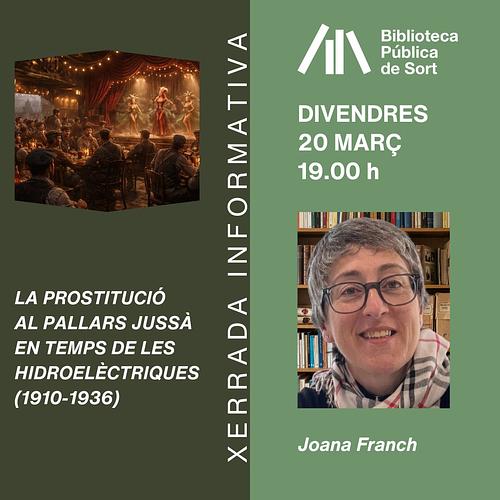 📌 Us convidem a la xerrada "La prostitució al Pallars Jussà en temps de les hidroelèctriques (1910-1936)"

🗣️ A càrrec de la historiadora i gestora cultural Joana Franch acompanyada de la periodista Marta Lluvich 

♀️ Des de la perspectiva de gènere parlarem d'un període de canvis accelerat de la nostra història recent amb l'arribada de centenars de treballadors a la comarca

📅 Divendres 20 de març, a les 7 de la tarda (19h), a la sala d'actes Josep Colom

ℹ️ +info https://bibliosort.cat/esdeveniments/prostitucio-pallars-jussa/