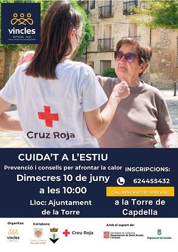 Cuida't a l'estiu!
Prevenció i consells per afrontar la calor.

🗓️ Dimecres 10 de juny
🕐 10:00 h
📍 Ajuntament de la Torre de Capdella

Informació i inscripcions:
624455432 

☝🏻💜
A Vincles, la xarxa veïnal d'acompanyament de l'Alt Pirineu i Aran, oferim tallers d'autocures per a persones grans amb ganes de sentir-se millor. 

El projecte Vincles és impulsat en col·laboració amb la Fundació iSocial, el Consell Comarcal del Pallars Jussà, l'Ajuntament de la Torre de Capdella i la Creu Roja.

Compta amb el suport del Departament de Drets Socials i Inclusió de la Generalitat de Catalunya i la Diputació de Lleida.