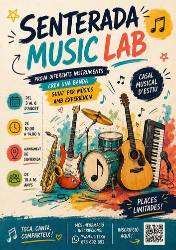 Bon dia a tothom! 🎶

Aquest estiu posem en marxa una nova edició del Senterada Music Lab! 🎸🎤

Quatre matins per gaudir de la música en grup, tocar en una banda, cantar, experimentar amb diferents estils i provar instruments nous, sempre guiats per músics amb experiència.

📅 Del 3 al 6 d'agost
🕘 De 10.00 a 14.00 h
📍 Sala Polivalent de l'Ajuntament de Senterada
👥 Per a joves de 10 a 16 anys

Si als vostres fills o filles els agrada la música, toquen algun instrument o tenen ganes de cantar, descobrir instruments nous i compartir aquesta experiència amb altres joves, aquest casal és una molt bona oportunitat!

Les places són limitades, així que si hi esteu interessats, ja podeu inscriure-us aquí:

👉 https://forms.gle/DWRNmKkC989UnDMf7

Qualsevol dubte, estarem encantats de respondre-us! 😊🎵