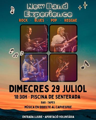 🌅 Plans per dimecres?

Acaba el dia amb bona música, una beguda fresca i alguna cosa per picar.

🎸 New Band Experience ens portarà una tarda de Rock, Blues, Pop i Reggae a la Piscina de Senterada.

🕡 18:30 h
🍺 Bar i tapes
🎟️ Entrada lliure · Aportació voluntària

Vine amb la família o els amics i gaudim plegats d'un bon vespre d'estiu!
No hi falteu!