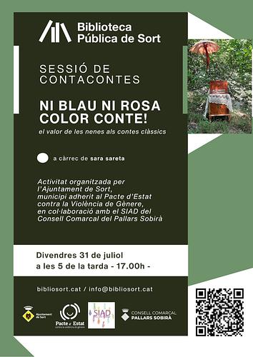 ♀️ "Ni blau ni rosa, color conte!" és una sessió de contes clàssics a càrrec de sara sareta amb què redescobrir les llegendes originals i la seva simbologia així com el valor que hi tenien les nenes i noies en aquestes històries 

🙋🏻‍♀️ En col·laboració amb el Pacte d'Estat contra la Violència de Gènere i el Servei d'Informació i Atenció a les Dones (SIAD) del Consell Comarcal Del Pallars Sobira 
📅 Divendres 31, a les 5 de la tarda (17h), a l'àrea infantil 
ℹ️ més info https://bibliosort.cat/esdeveniments/niblau-nirosa-colorconte/