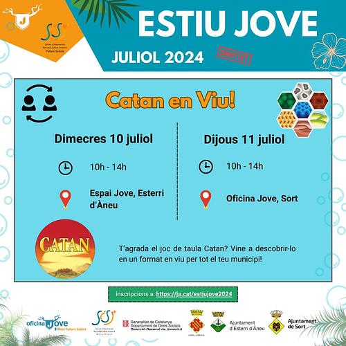 🪵 *Catan en viu!* 🐑

El proper dimecres i dijous a Esterri d'Àneu i Sort respectivament, vinde a gaudir del Catan en viu pel municipi!

Si t'agrada el joc de taula, descobreix-lo en format en viu!!!

Inscripcions: https://ja.cat/estiujove2024