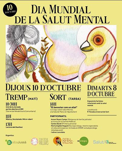 Aquest *dijous 10 d'octubre* és el dia mundial de la Salut Mental! 
A les *18h a la Sala de Plens de l'Ajuntament* es farà un col·loqui 🎙️
I el dimarts previ (dia 8 d'octubre) hi haurà una paradeta al mercat amb informació sobre Salut Mental i referents artístics relacionats a SM

Us hi esperem! 
El benestar i la salut mental ens toca a tot@s! 🫂